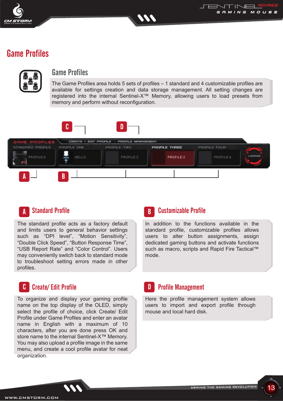 Game profiles, Standard profile, Create/ edit profile | Customizable profile | Cooler Master Sentinel Advance User Manual | Page 13 / 24