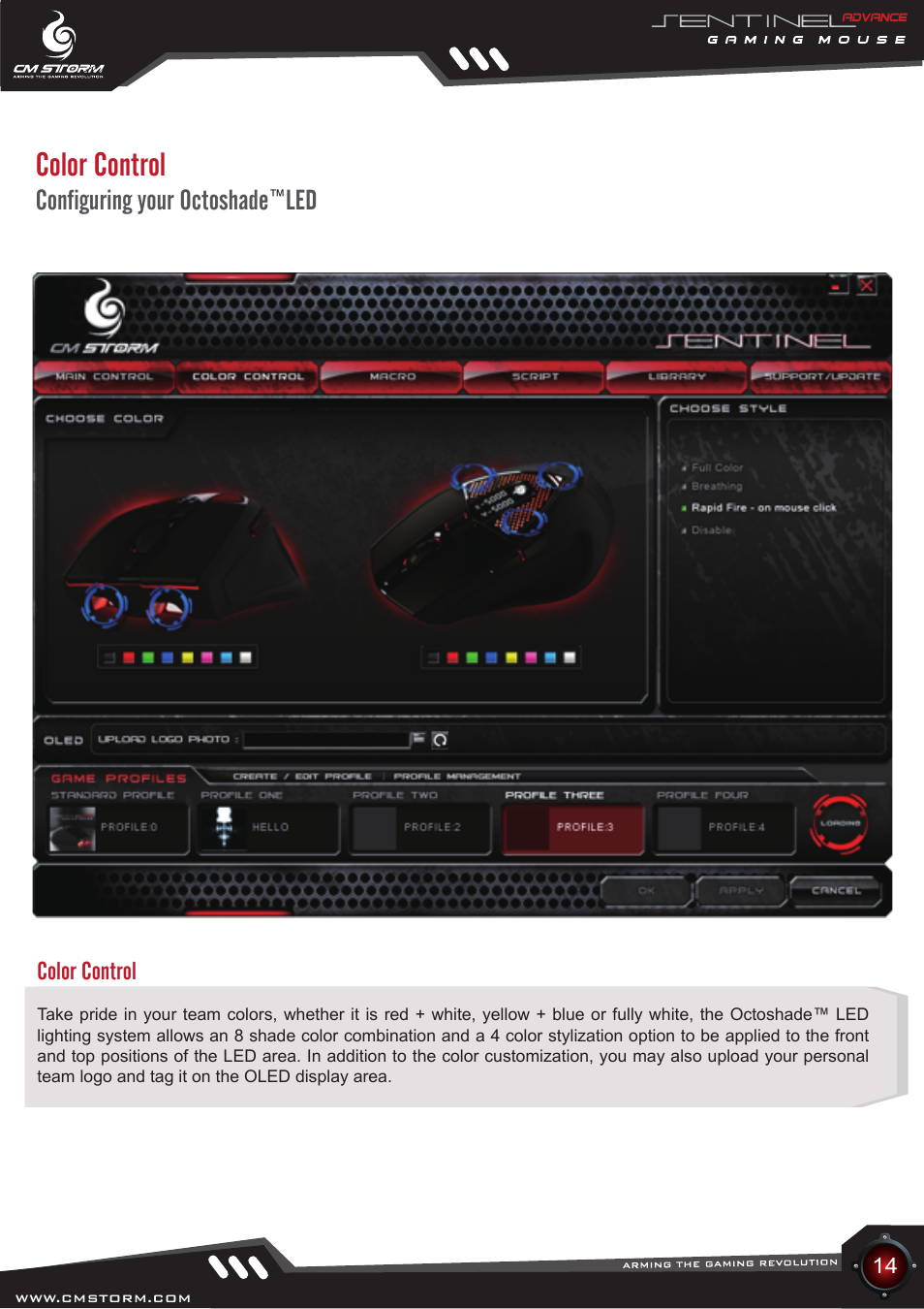 Configuring your octoshade led, Color control | Cooler Master Sentinel Advance User Manual | Page 14 / 24