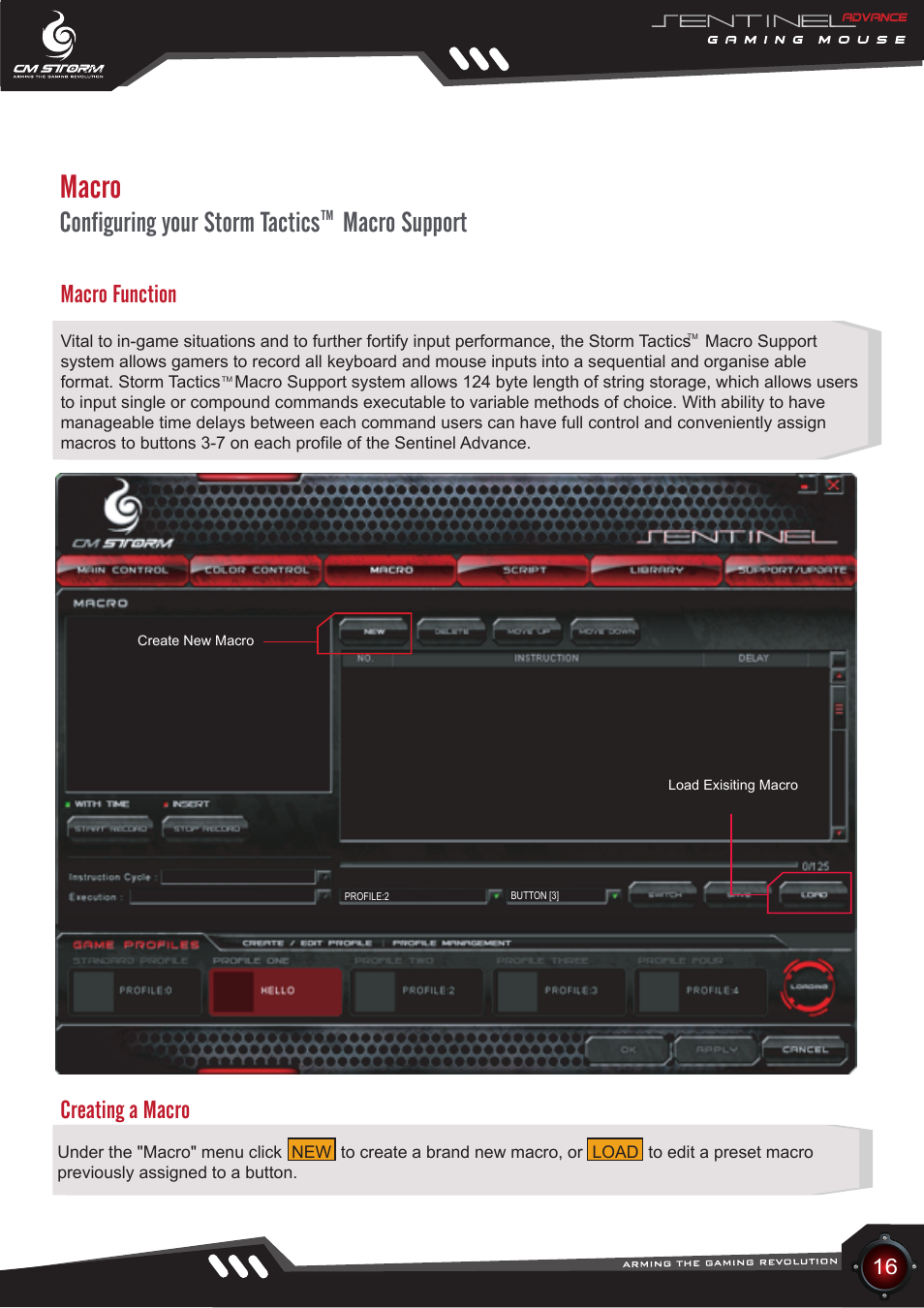 Macro, Configuring your storm tactics macro support, Macro function creating a macro | Cooler Master Sentinel Advance User Manual | Page 16 / 24
