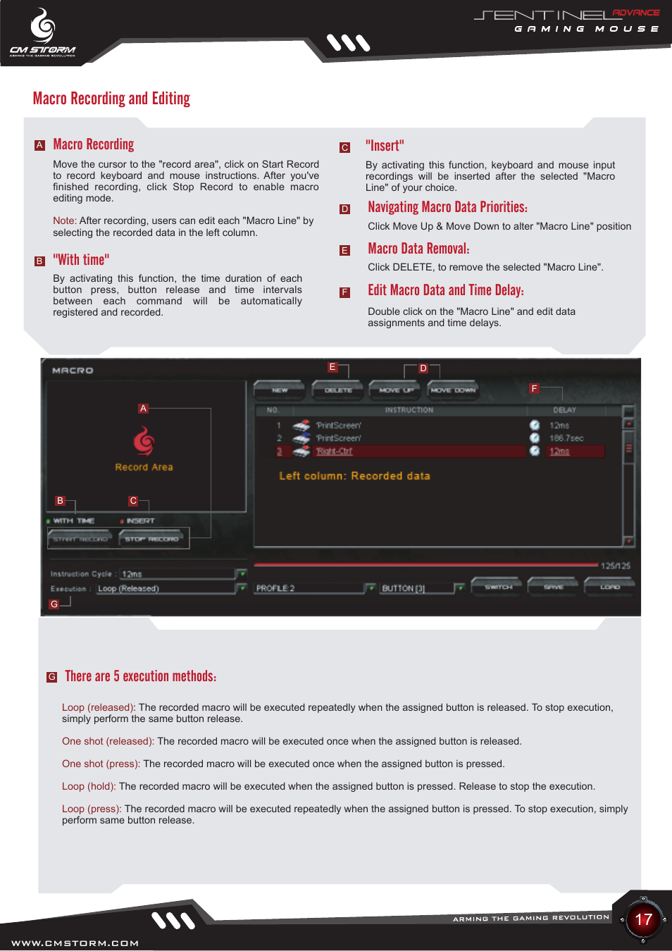 Macro recording and editing, Macro recording, There are 5 execution methods | Navigating macro data priorities, Macro data removal: edit macro data and time delay, With time, Insert | Cooler Master Sentinel Advance User Manual | Page 17 / 24