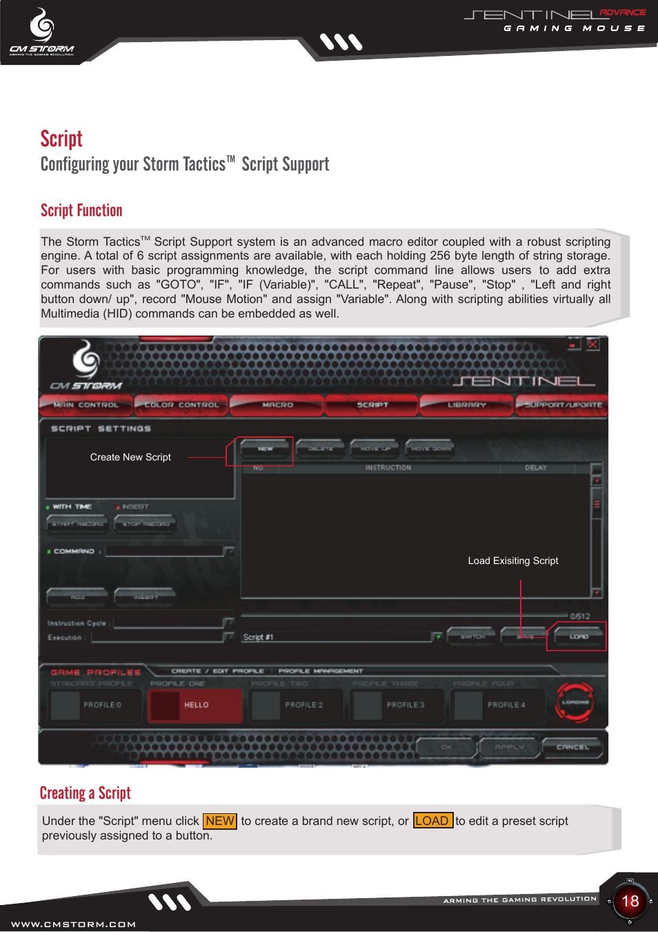 Script, Configuring your storm tactics script support, Script function creating a script | Cooler Master Sentinel Advance User Manual | Page 18 / 24