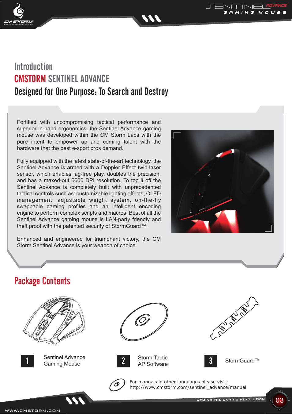 Introduction cmstorm sentinel advance, Package contents, Designed for one purpose: to search and destroy | Cooler Master Sentinel Advance User Manual | Page 3 / 24