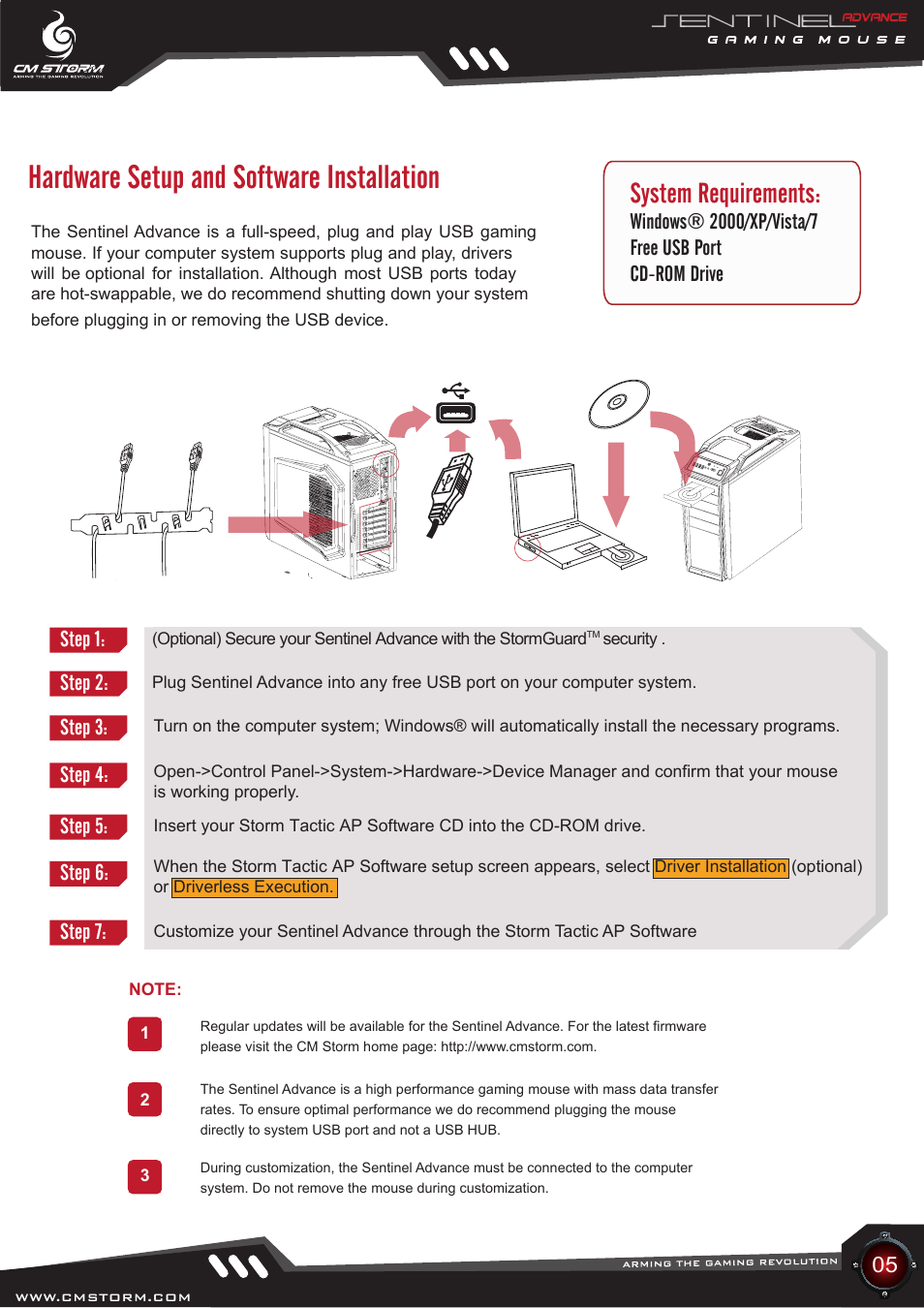 Hardware setup and software installation, System requirements | Cooler Master Sentinel Advance User Manual | Page 5 / 24