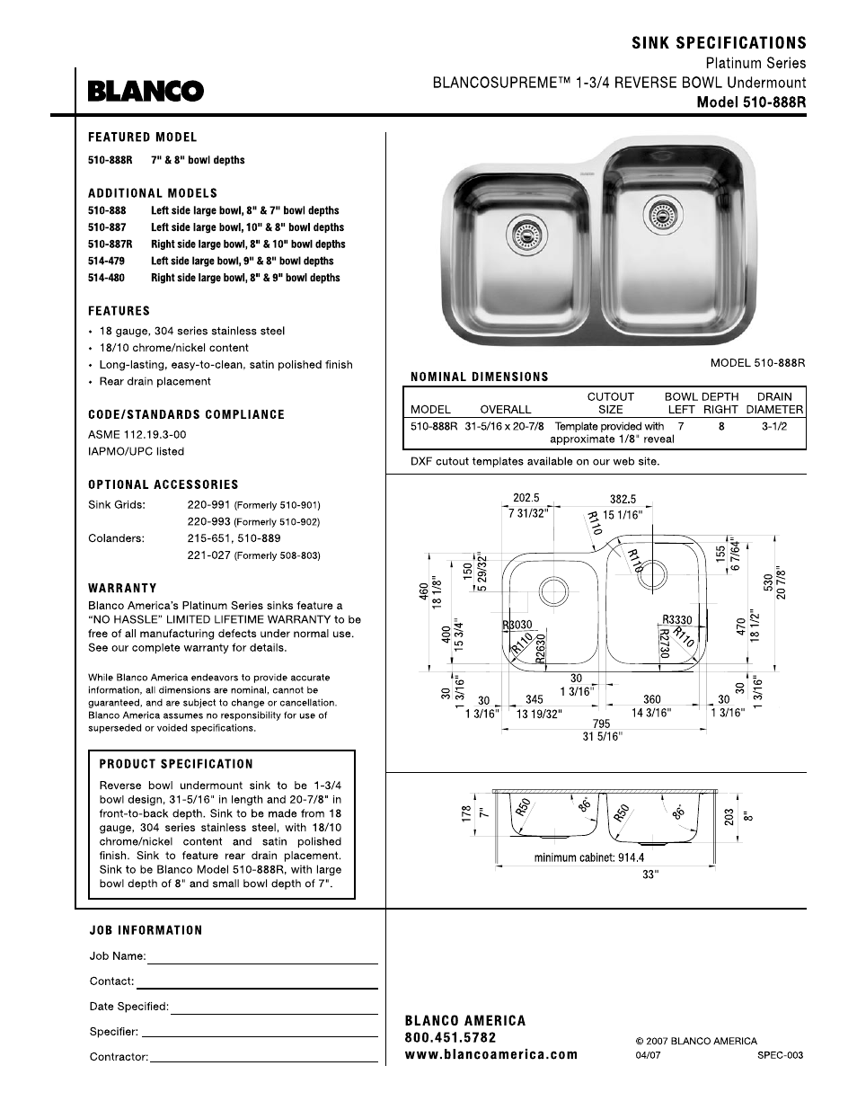 Blanco 1-3/4 Reverse Bowl Undermount 510-888R User Manual | 1 page