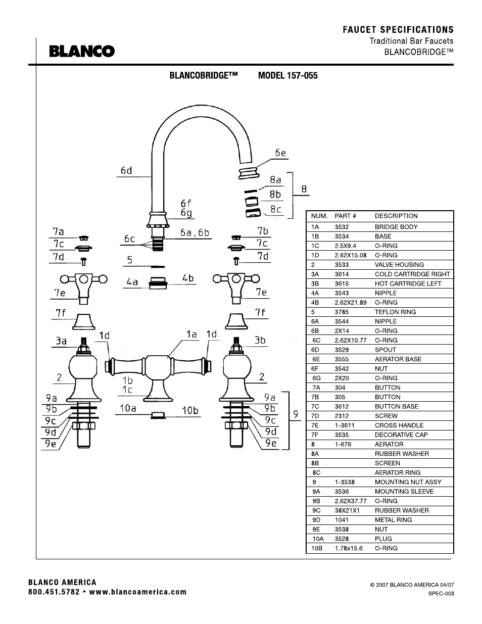 Blanco, R r i, Faucet specifications | Blanco 157-055 User Manual | Page 2 / 2