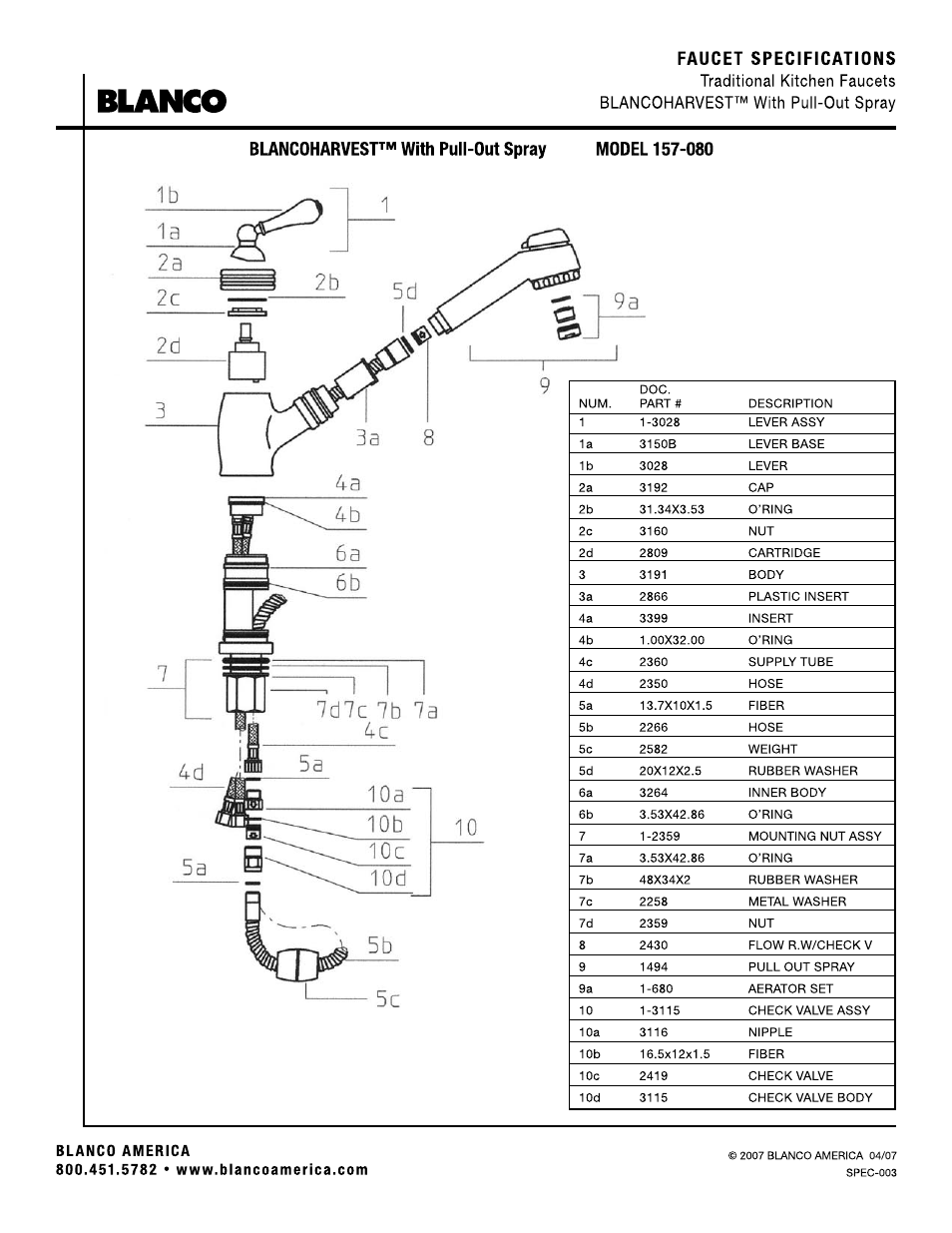 Faucet specifications | Blanco 157-080 User Manual | Page 2 / 2