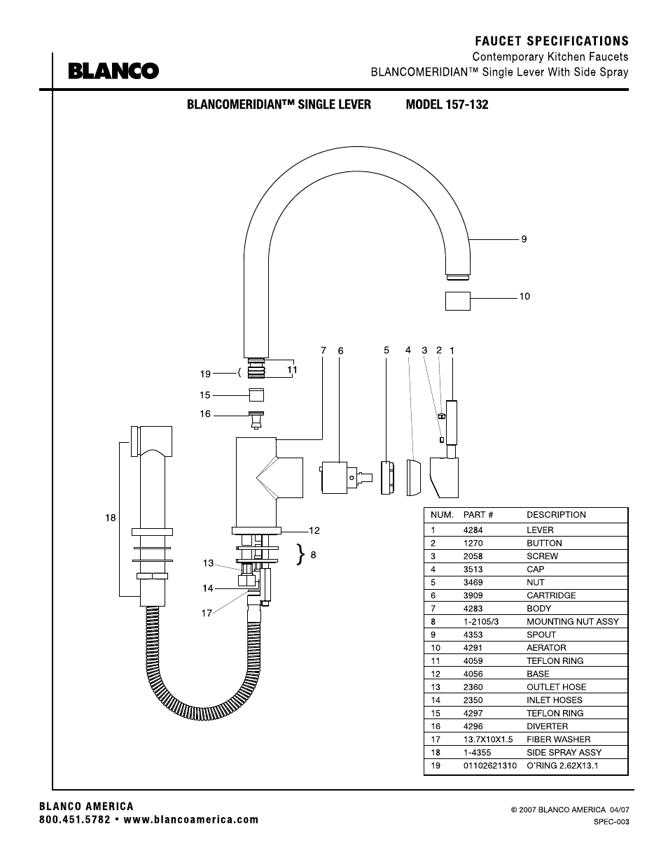 Faucet specifications, Buncomeridian™ single lever, 5782 • www.blancoamerica.com | Blanco | Blanco 157-132 User Manual | Page 2 / 2