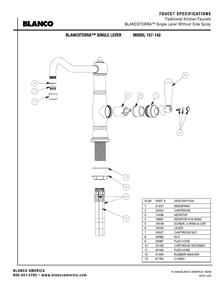 Faucet specifications, Blancoterra™ single lever, Blanco america | 5782 • www.blancoamerica.com, Blanco | Blanco 157-142 User Manual | Page 2 / 2