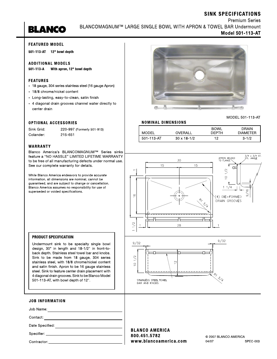 Blanco 501-113-AT User Manual | 1 page