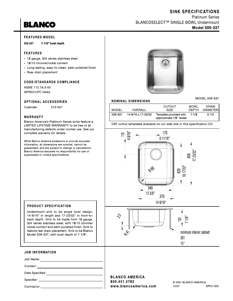 Blanco Single Bowl Undermount 509-337 User Manual | 1 page