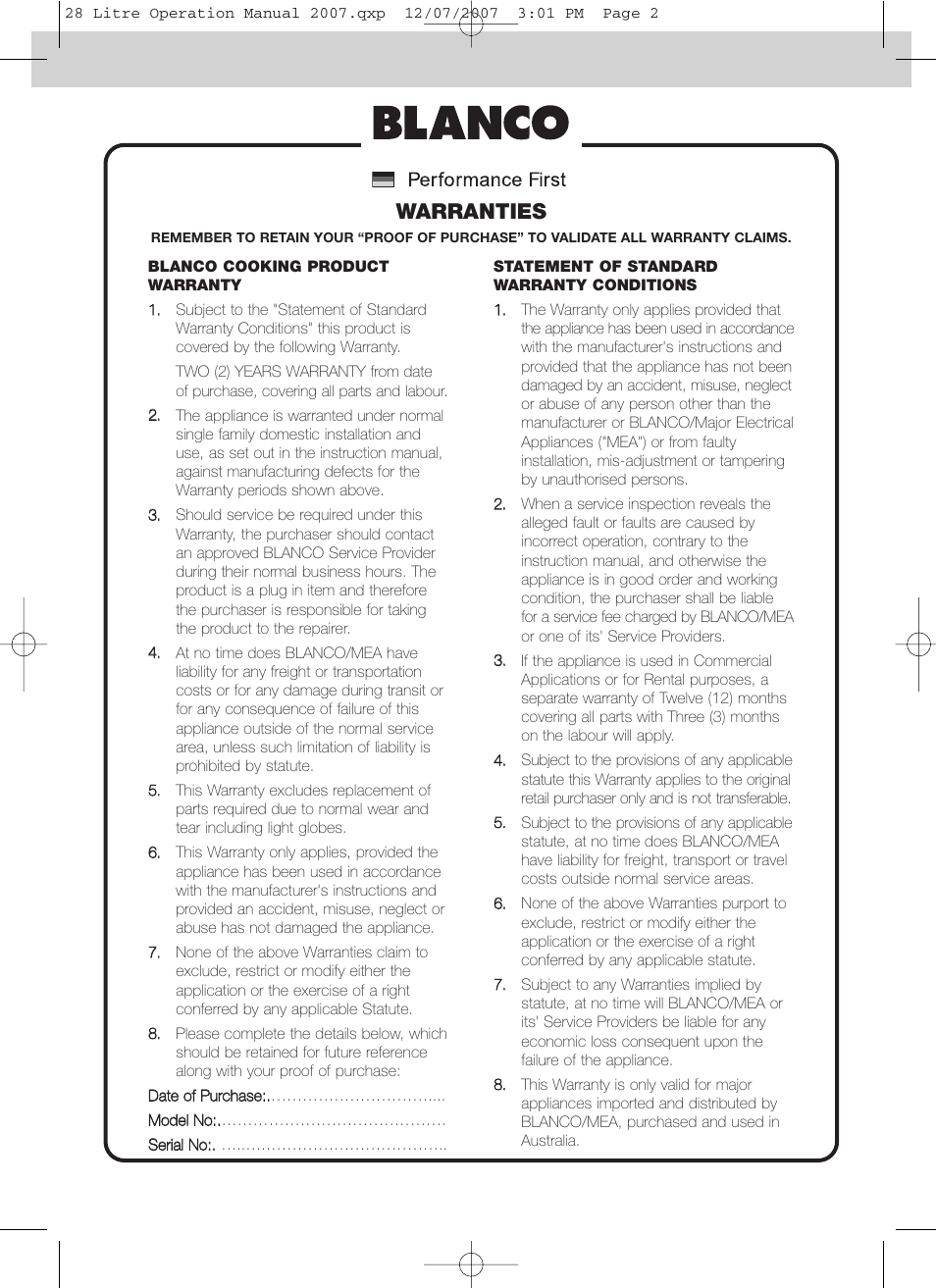 Warranties | Blanco BMO280X User Manual | Page 2 / 12