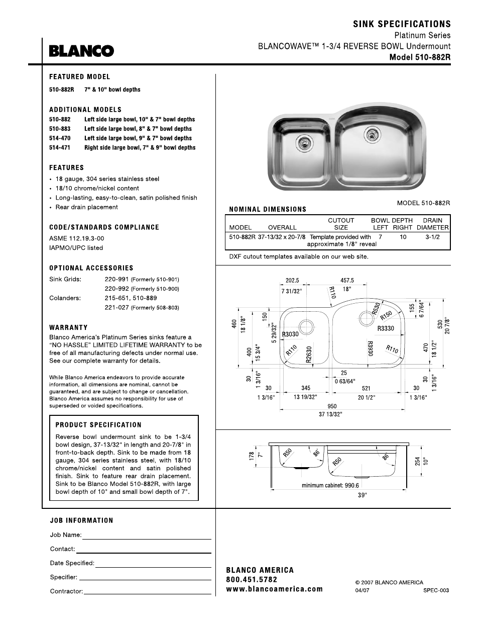 Blanco 1-3/4 Reverse Bowl Undermount 510-882R User Manual | 1 page