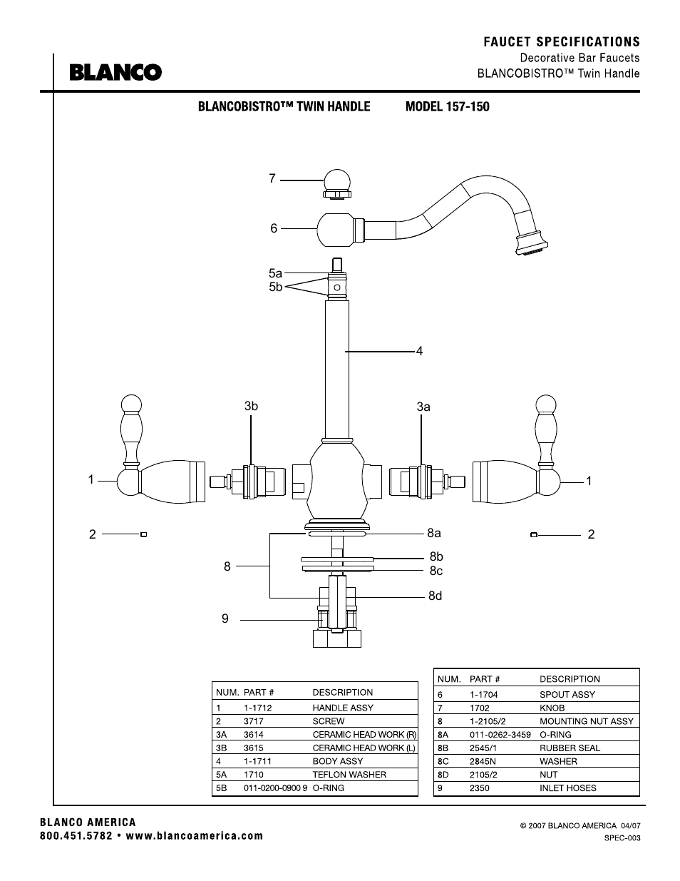 Blanco, Decorative bar faucets blancobistro™ twin handle, Faucet specifications | Blanco 157-150 User Manual | Page 2 / 2