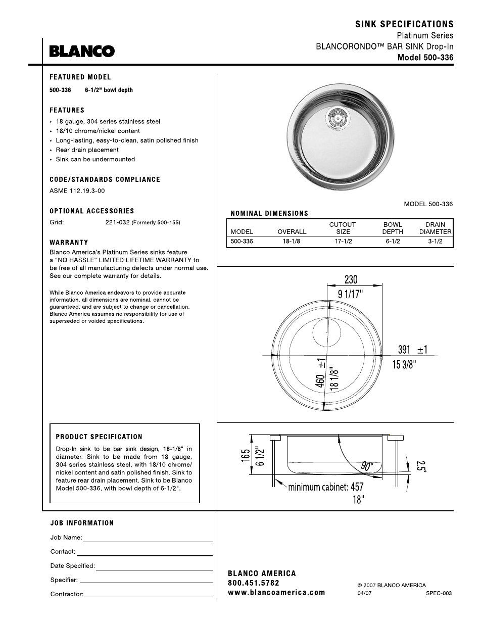 Blanco 500-336 User Manual | 1 page
