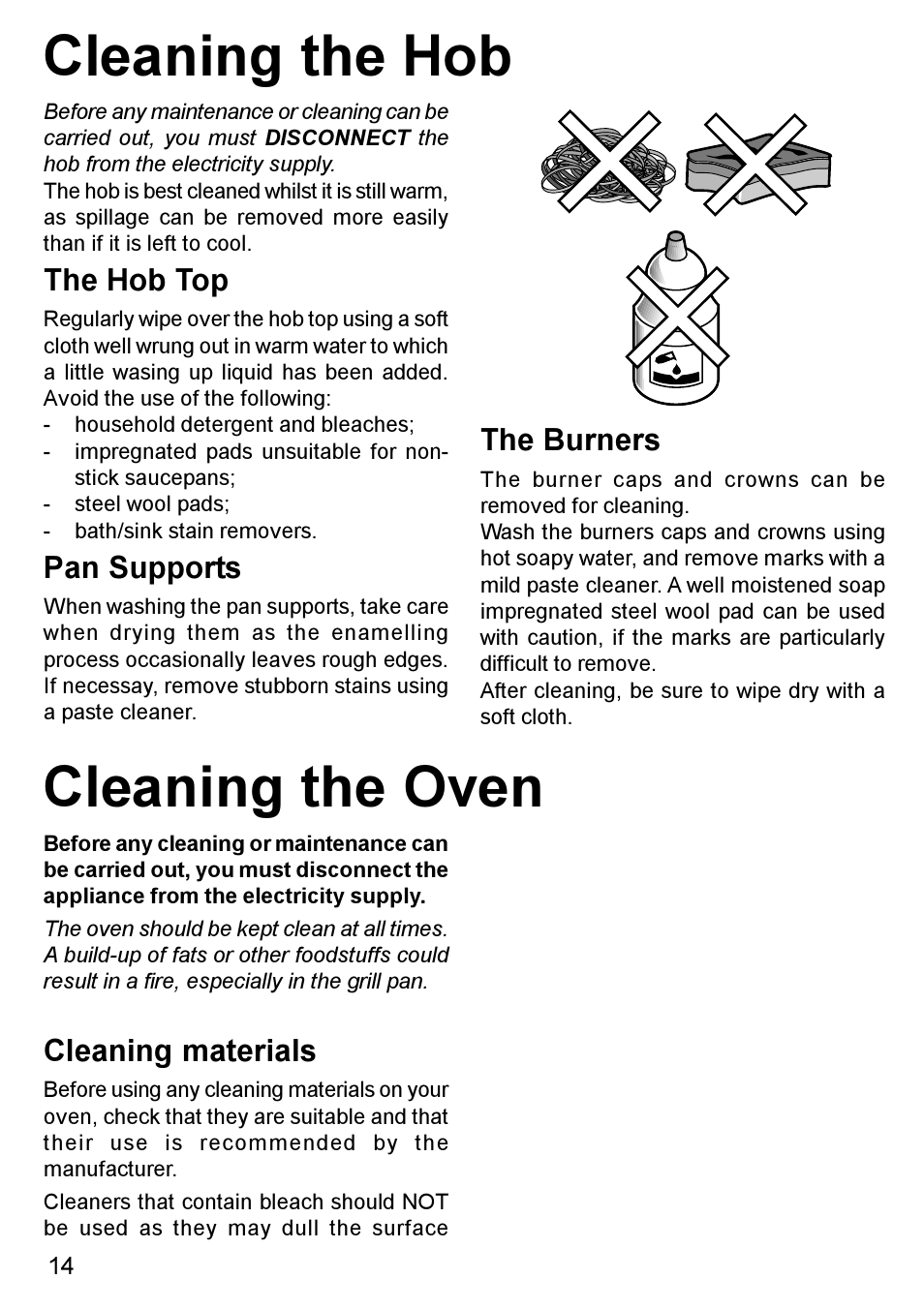 Cleaning the oven, Cleaning the hob, Cleaning materials | The hob top, Pan supports, The burners | Blanco BC 75 X User Manual | Page 14 / 28