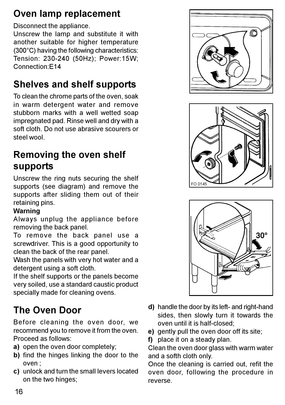 Oven lamp replacement, Shelves and shelf supports, Removing the oven shelf supports | The oven door | Blanco BC 75 X User Manual | Page 16 / 28