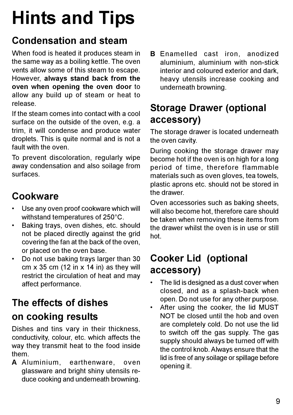 Hints and tips, Condensation and steam, Cookware | The effects of dishes on cooking results, Storage drawer (optional accessory), Cooker lid (optional accessory) | Blanco BC 75 X User Manual | Page 9 / 28