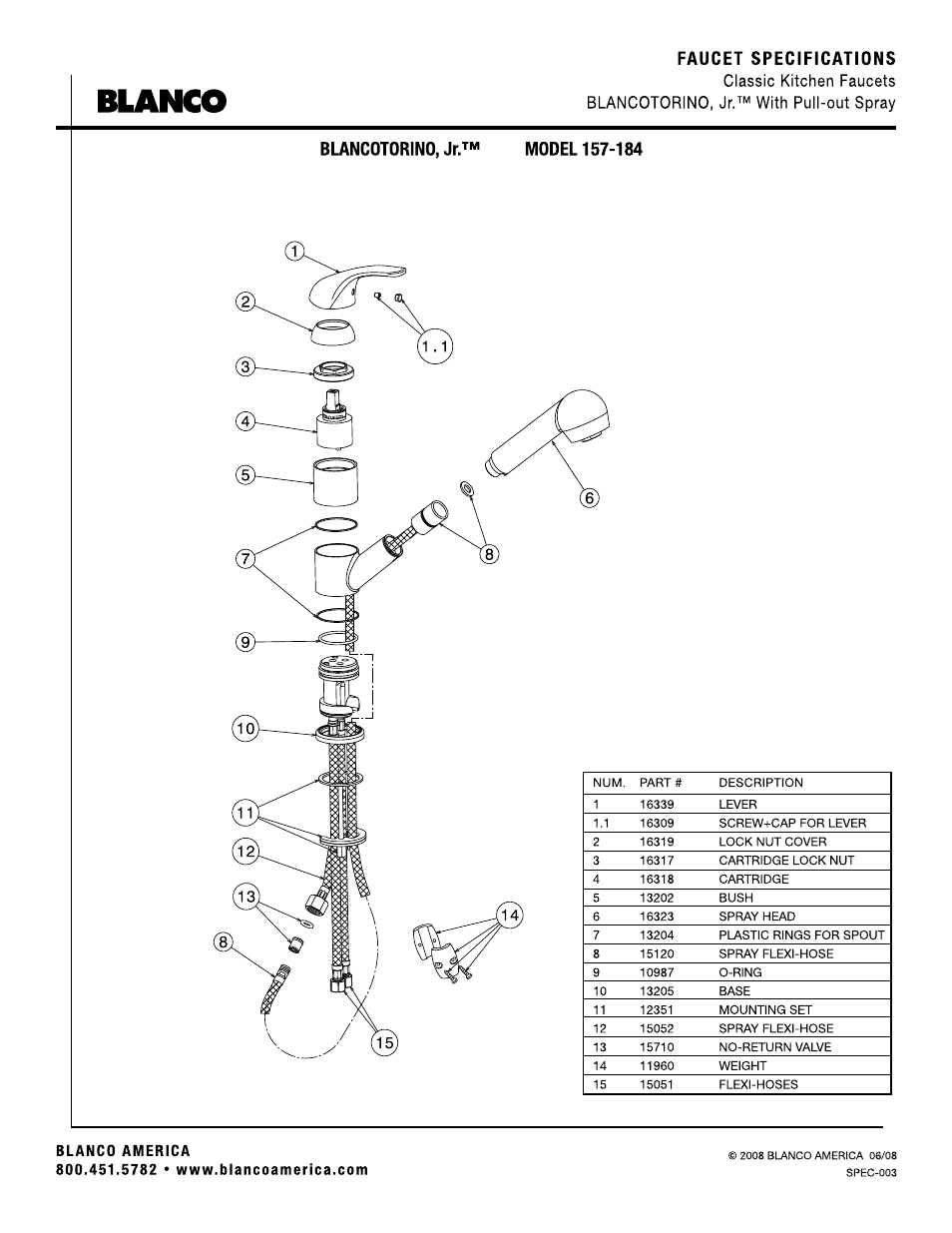 Blanco, Faucet specifications | Blanco 157-184 User Manual | Page 2 / 2