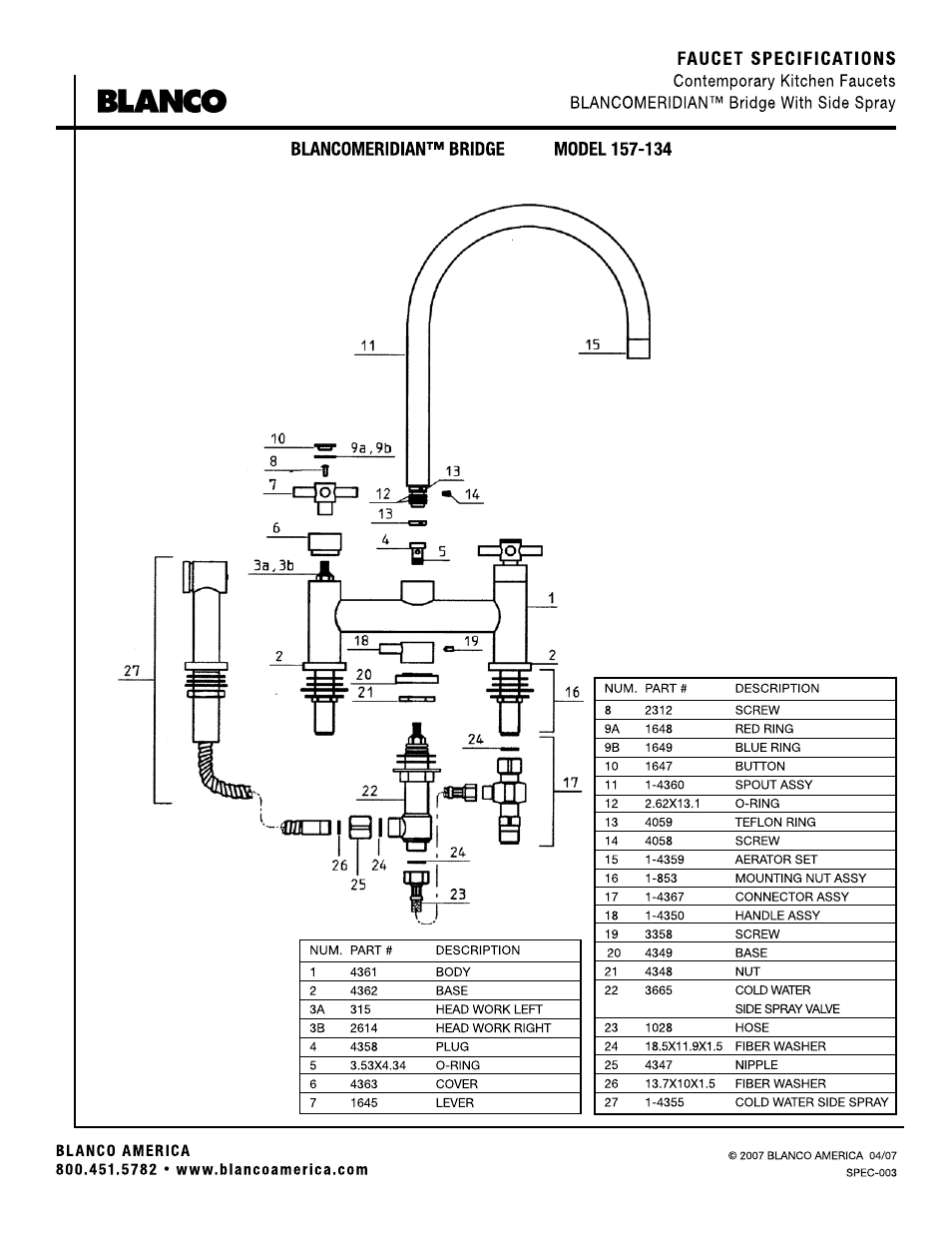 Blanco, Faucet specifications | Blanco 157-134 User Manual | Page 2 / 2