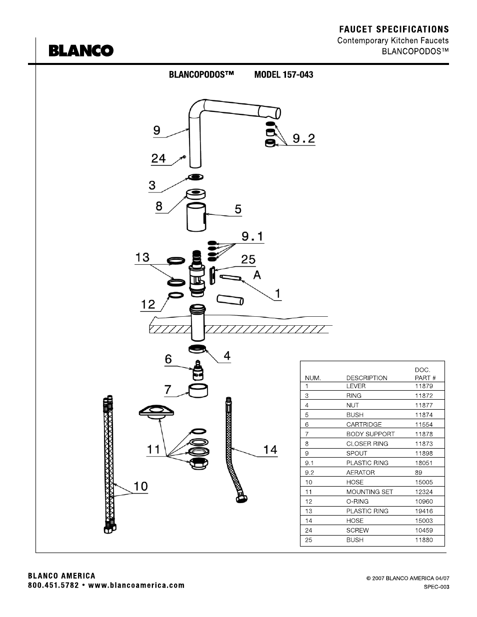 Faucet specifications, Contemporary kitchen faucets blancopodos, Blancopodos™ model 157-043 | Blanco | Blanco 157-043 User Manual | Page 2 / 2