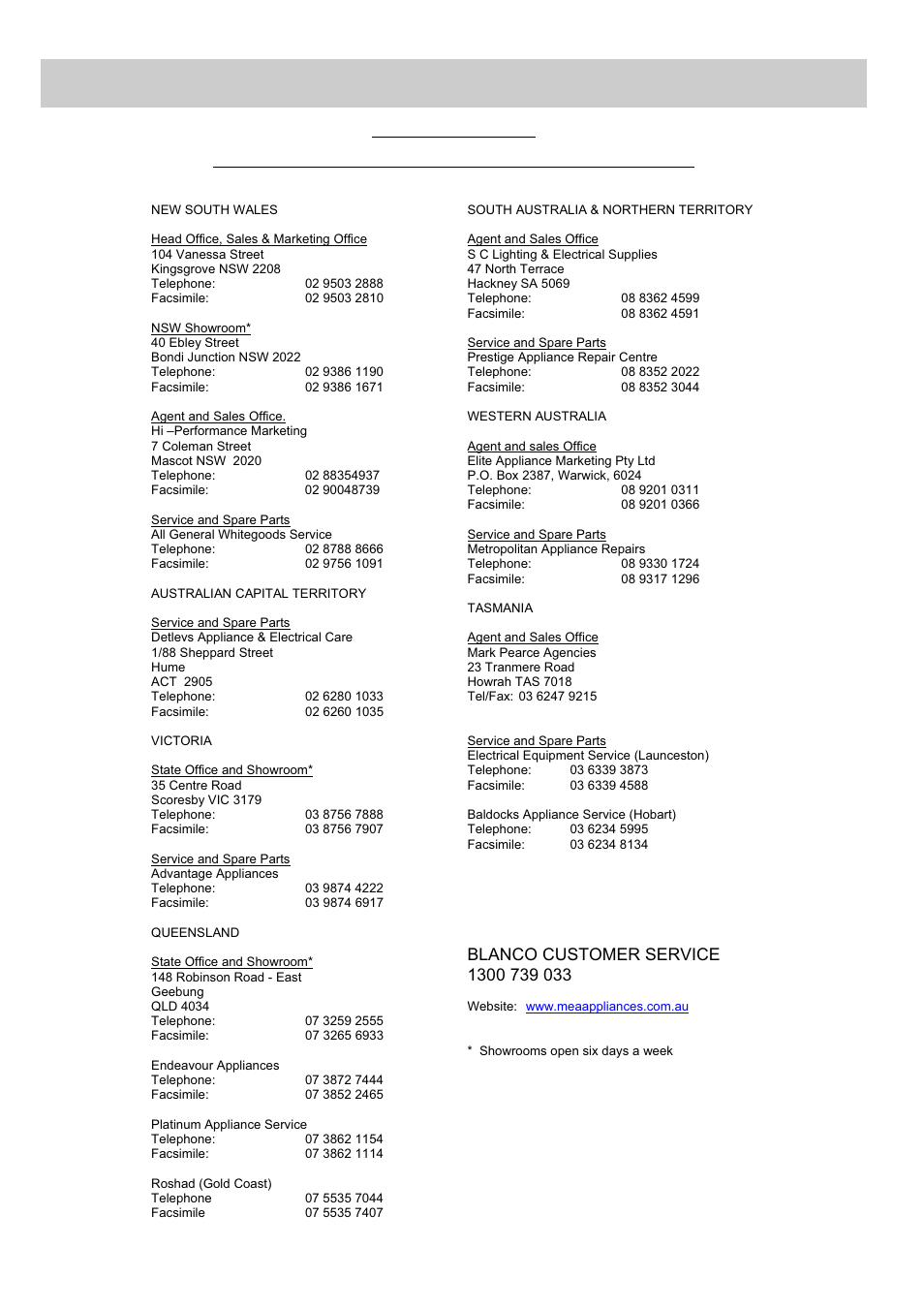 Technical assistance and spare parts, Mea – blanco technical assistance and spare parts | Blanco BCGC74 - BCGC52 User Manual | Page 14 / 15