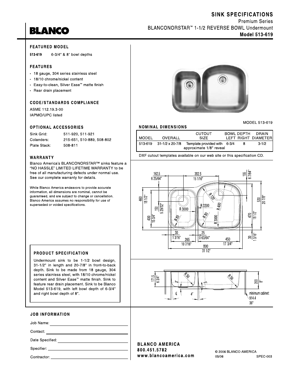 Blanco 1-1/2 Reverse Bowl Undermount 513-619 User Manual | 1 page