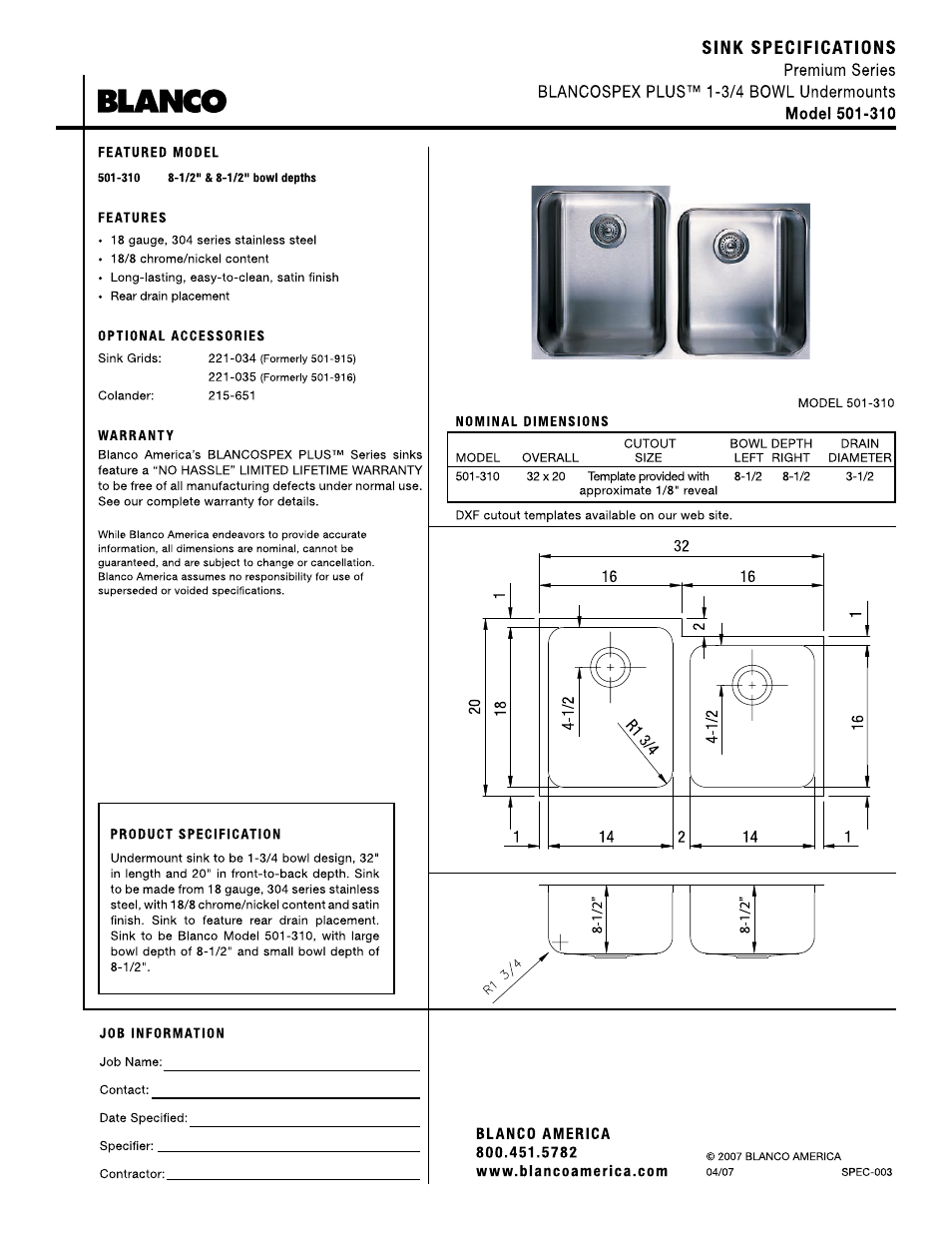 Blanco Spex 501-310 User Manual | 1 page