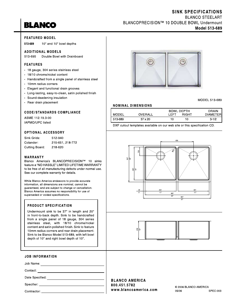 Blanco 10 Double Bowl Undermount 513-689 User Manual | 1 page