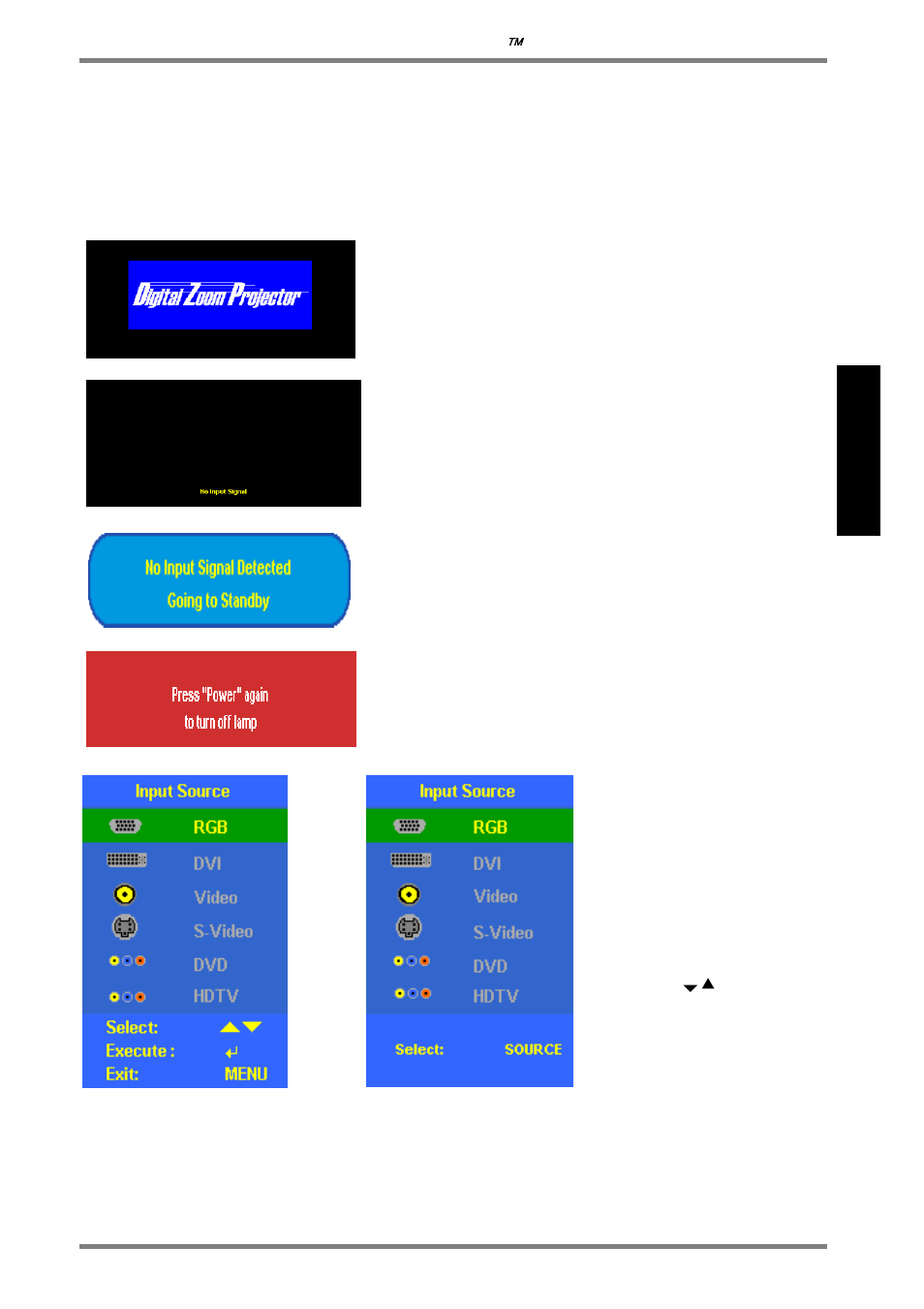 On-screen-display menu format and description, Input source osd | BOXLIGHT DLP User Manual | Page 19 / 37