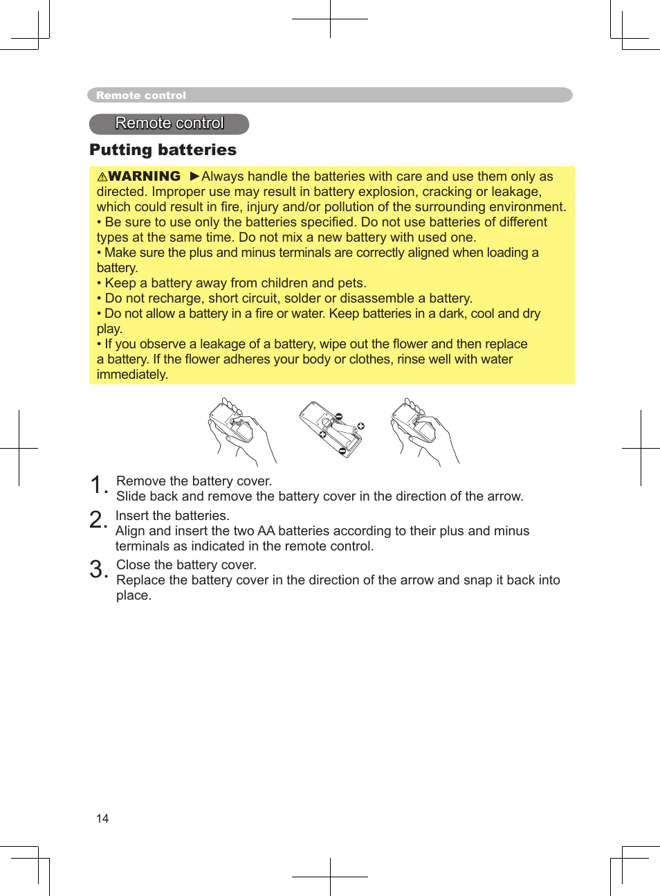 Remote control, Putting batteries | BOXLIGHT CP-324i User Manual | Page 14 / 49