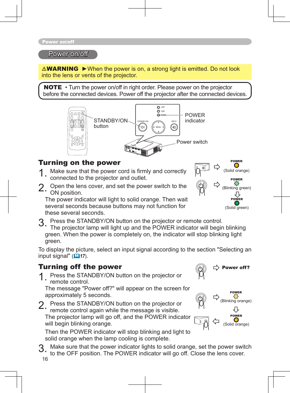 Power on/off, Turning on the power, Turning off the power | BOXLIGHT CP-324i User Manual | Page 16 / 49