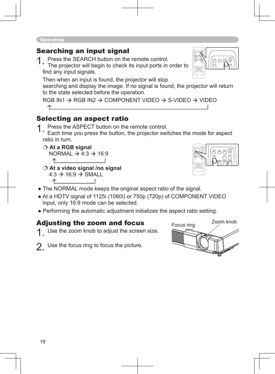Searching an input signal, Selecting the aspect ratio, Adjusting the zoom and focus | Selecting an aspect ratio, Use the zoom knob to adjust the screen size, Use the focus ring to focus the picture, Zoom knob focus ring | BOXLIGHT CP-324i User Manual | Page 18 / 49