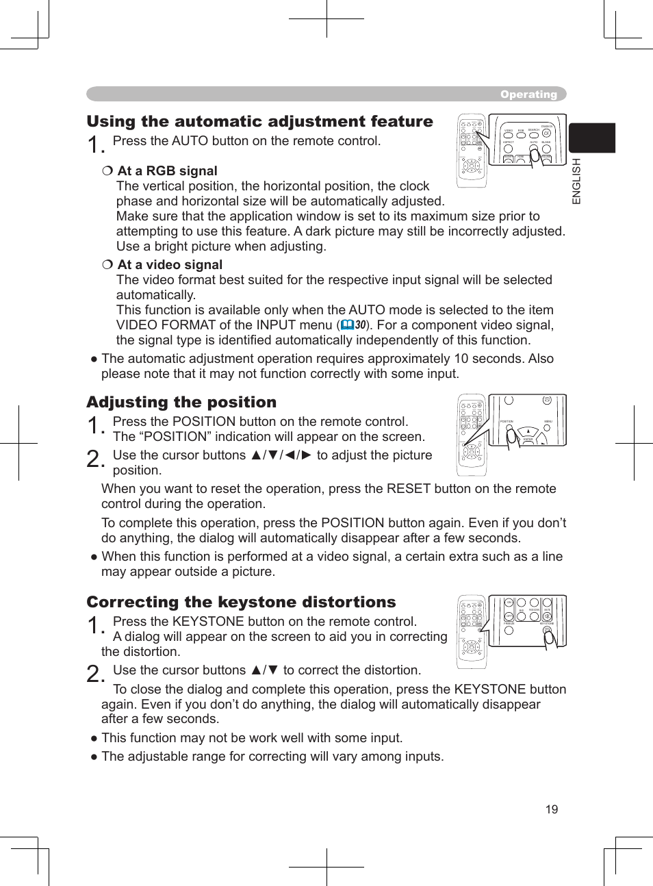 Using the automatic adjustment feature, Adjusting the position, Correcting the keystone distortions | BOXLIGHT CP-324i User Manual | Page 19 / 49