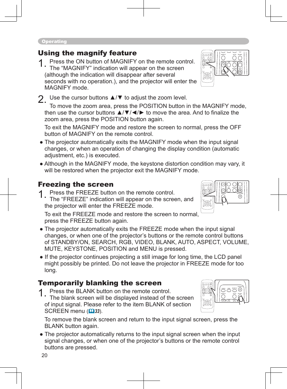 Using the magnify feature, Freezing the screen, Temporarily blanking the screen | Operating | BOXLIGHT CP-324i User Manual | Page 20 / 49