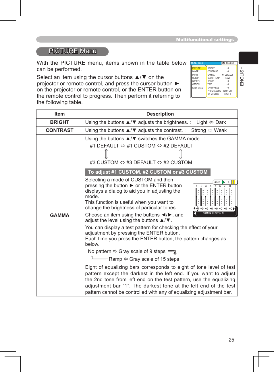 Bright, contrast, gamma, color temp, Color, tint, sharpness, progressive, My memory | Image men, Picture menu | BOXLIGHT CP-324i User Manual | Page 25 / 49