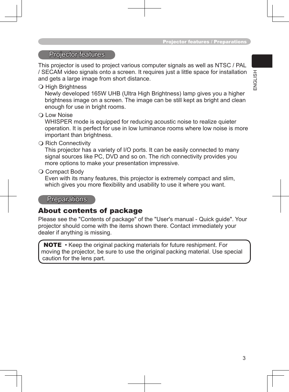 Projector features, Preparations, Preparations about contents of package | BOXLIGHT CP-324i User Manual | Page 3 / 49