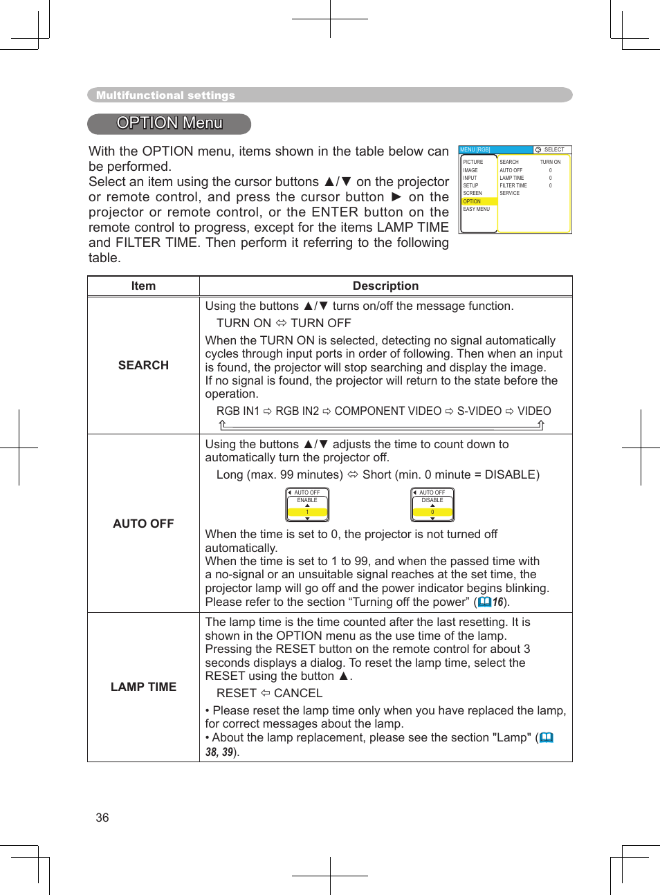 Search, auto off, lamp time, filter time, Service, Maintenanc | Keyston, Menu, Option menu | BOXLIGHT CP-324i User Manual | Page 36 / 49