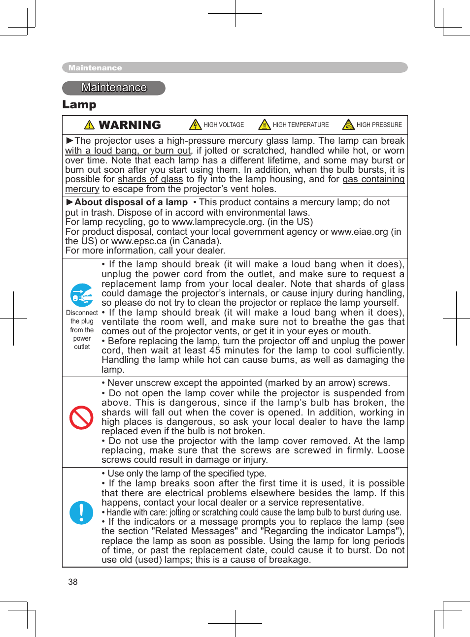 Lamp, Maintenance lamp warning | BOXLIGHT CP-324i User Manual | Page 38 / 49