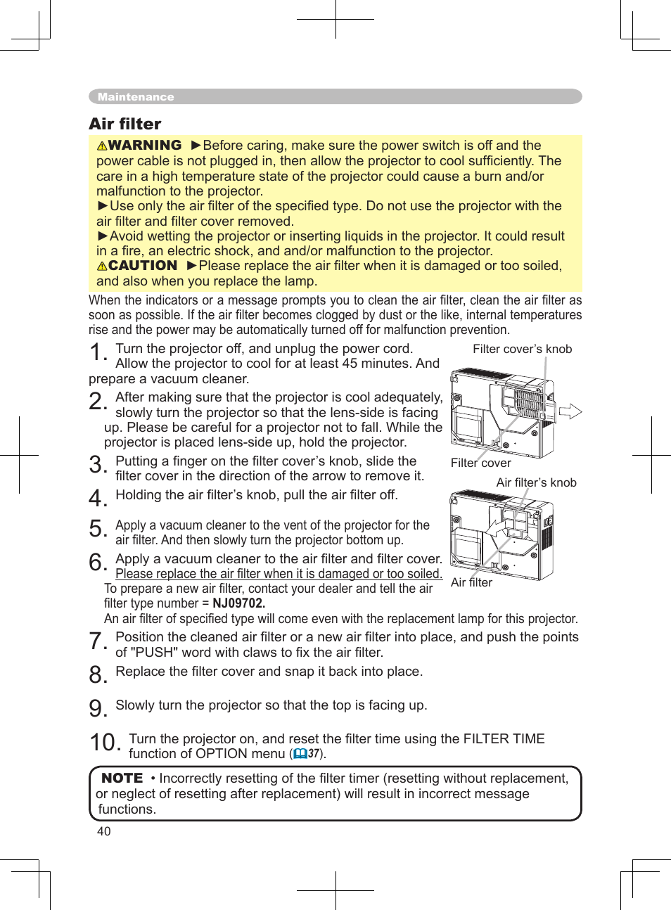 Air ﬁlter | BOXLIGHT CP-324i User Manual | Page 40 / 49