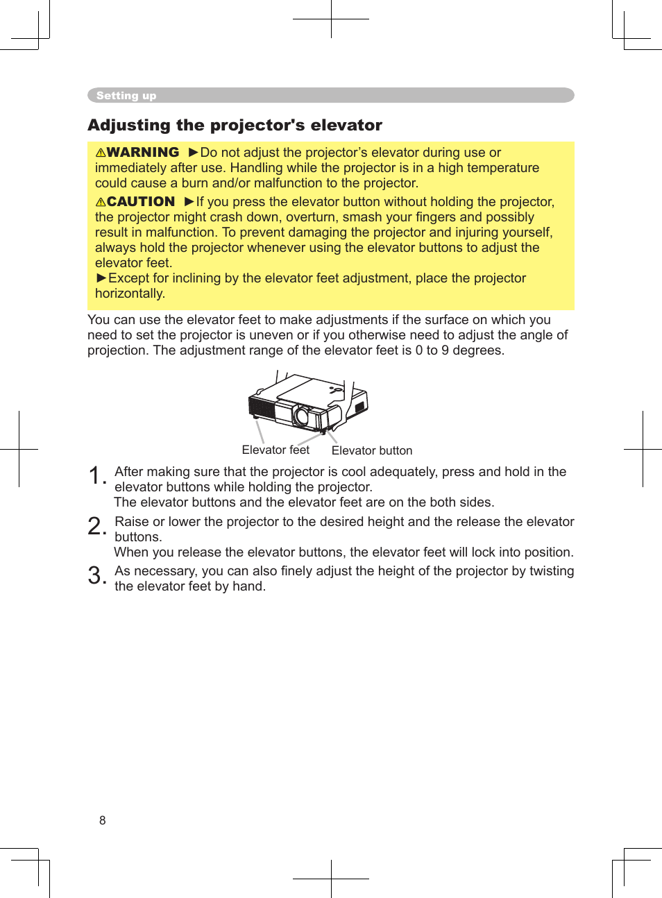 Adjusting the projector's elevator | BOXLIGHT CP-324i User Manual | Page 8 / 49