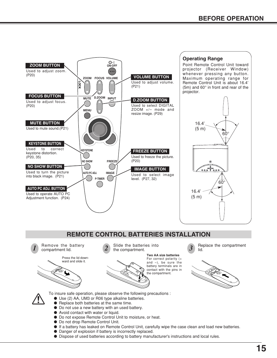 Before operation, Remote control batteries installation | BOXLIGHT CP-19t User Manual | Page 15 / 48