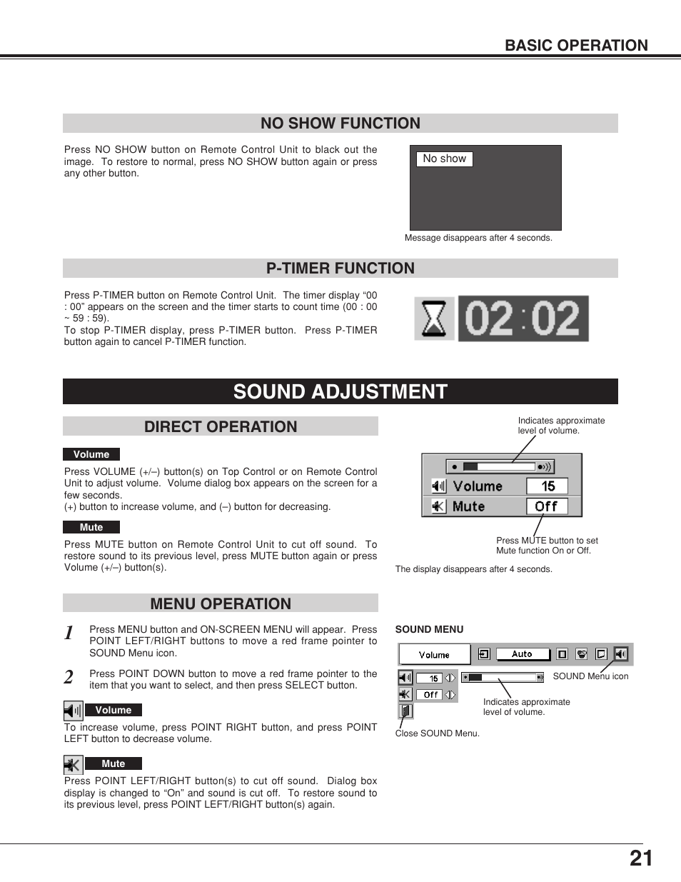 Sound adjustment, Basic operation, No show function | P-timer function, Direct operation menu operation | BOXLIGHT CP-19t User Manual | Page 21 / 48