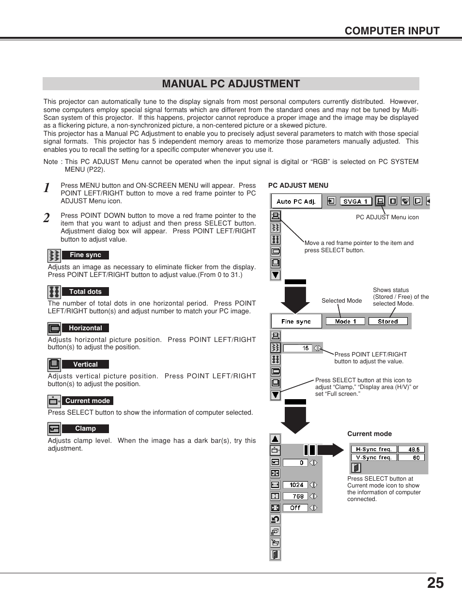 Computer input manual pc adjustment | BOXLIGHT CP-19t User Manual | Page 25 / 48