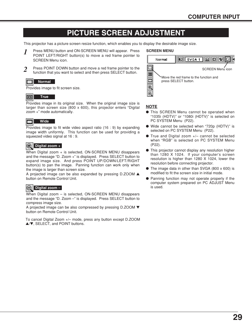 Picture screen adjustment, Computer input | BOXLIGHT CP-19t User Manual | Page 29 / 48