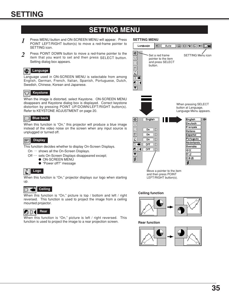 35 setting, Setting menu | BOXLIGHT CP-19t User Manual | Page 35 / 48