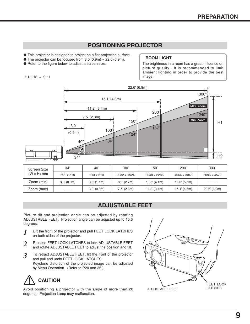 Preparation positioning projector adjustable feet | BOXLIGHT CP-19t User Manual | Page 9 / 48