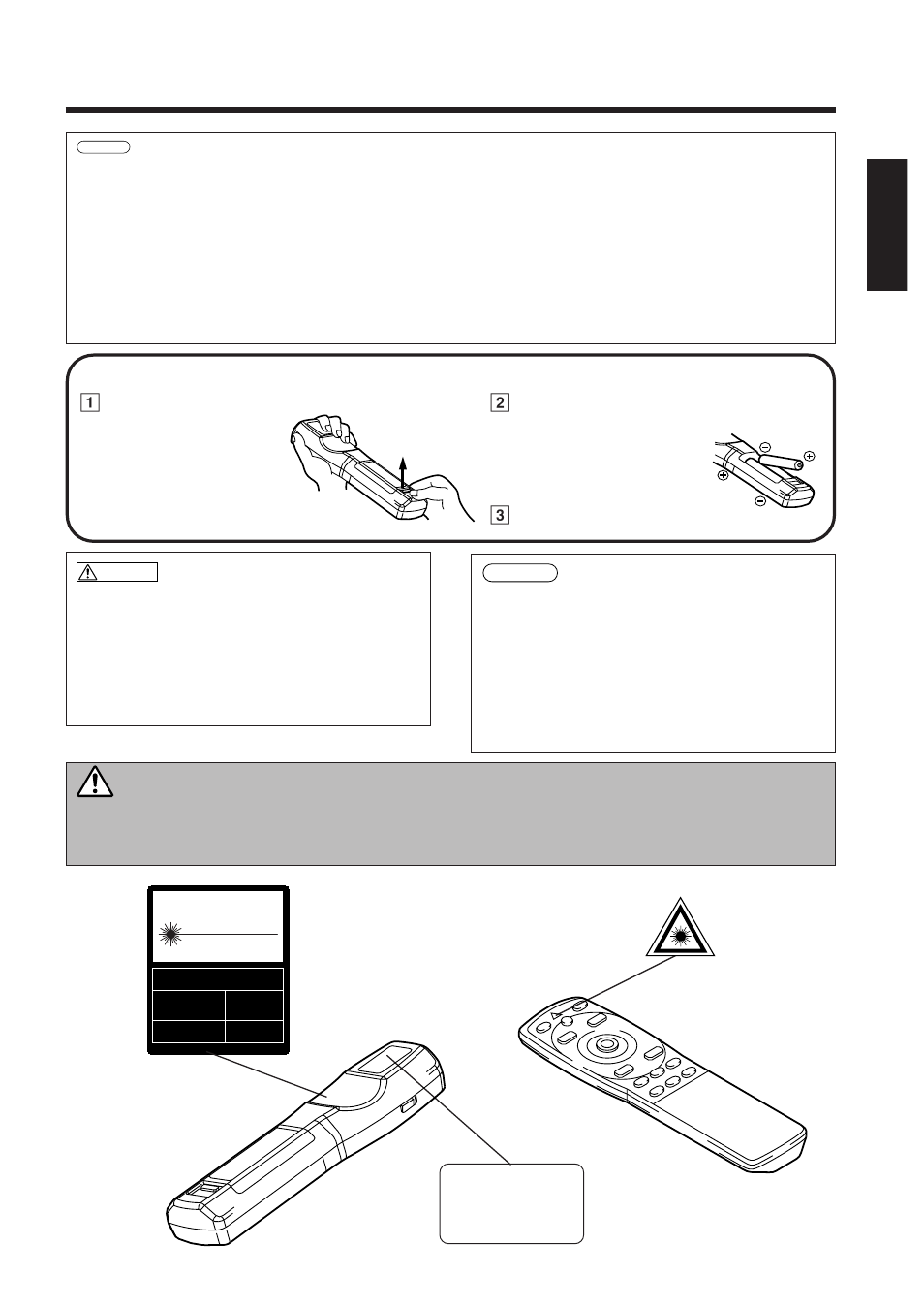 Names and functions of each part (continued), Loading the batteries, Warning | 1remove the battery cover, 2loading the batteries, 3close the battery cover. battery usage cautions, Remote control usage cautions | BOXLIGHT MP-650i User Manual | Page 11 / 144