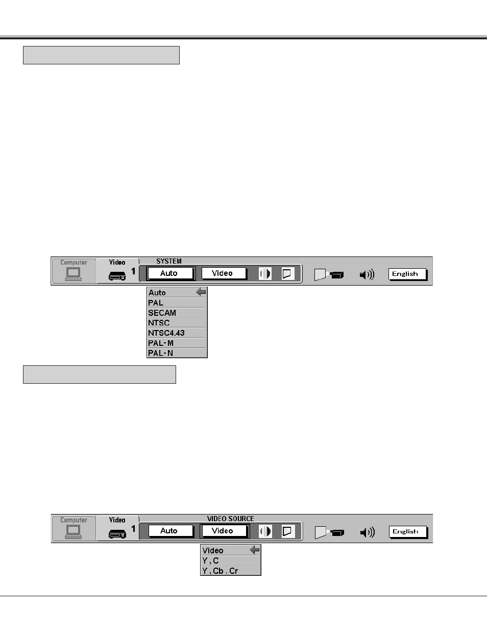 Video mode, Video source select color system select | BOXLIGHT FP-95t User Manual | Page 37 / 58