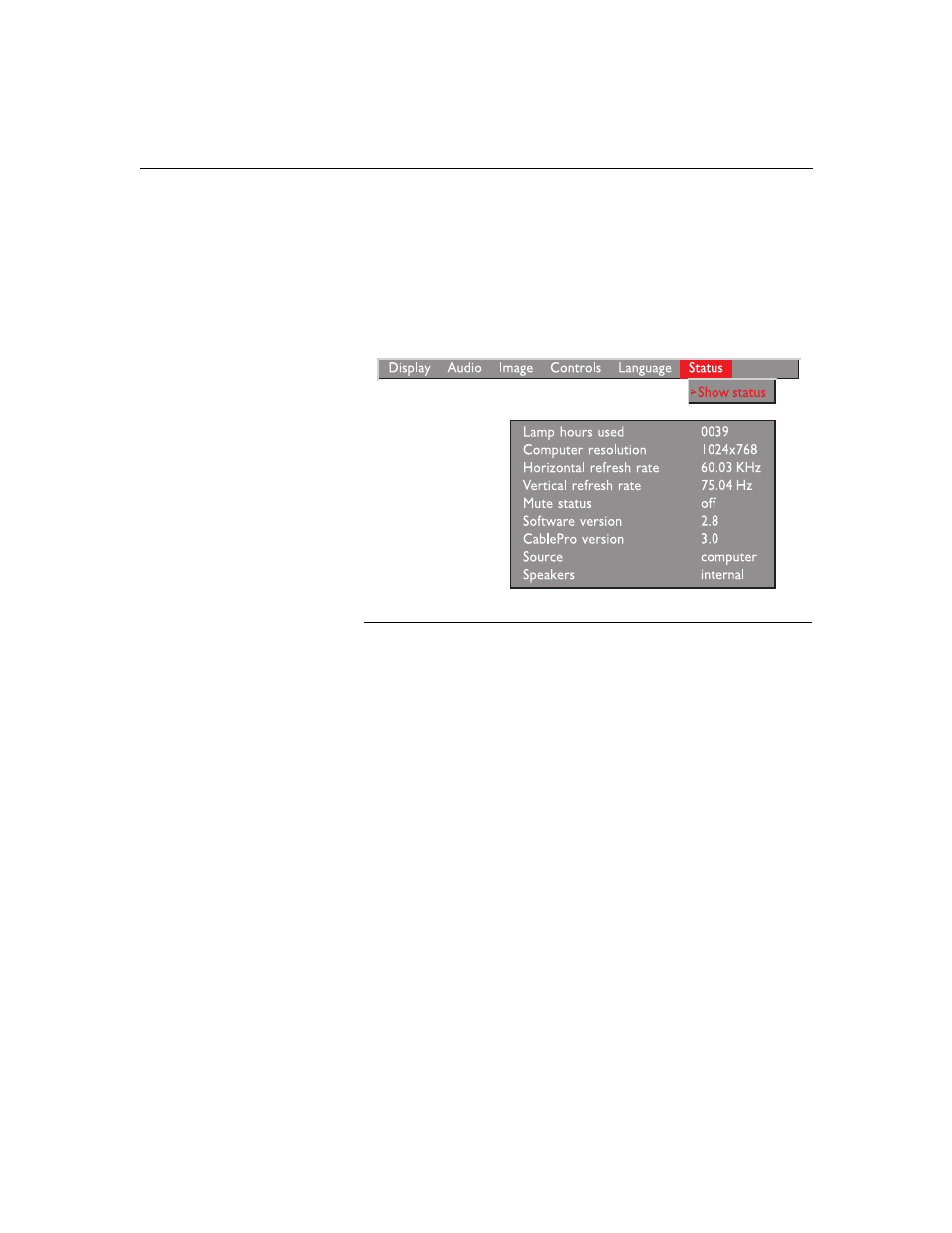 Heading2 - status menu, Status menu | BOXLIGHT CD-40m User Manual | Page 33 / 61