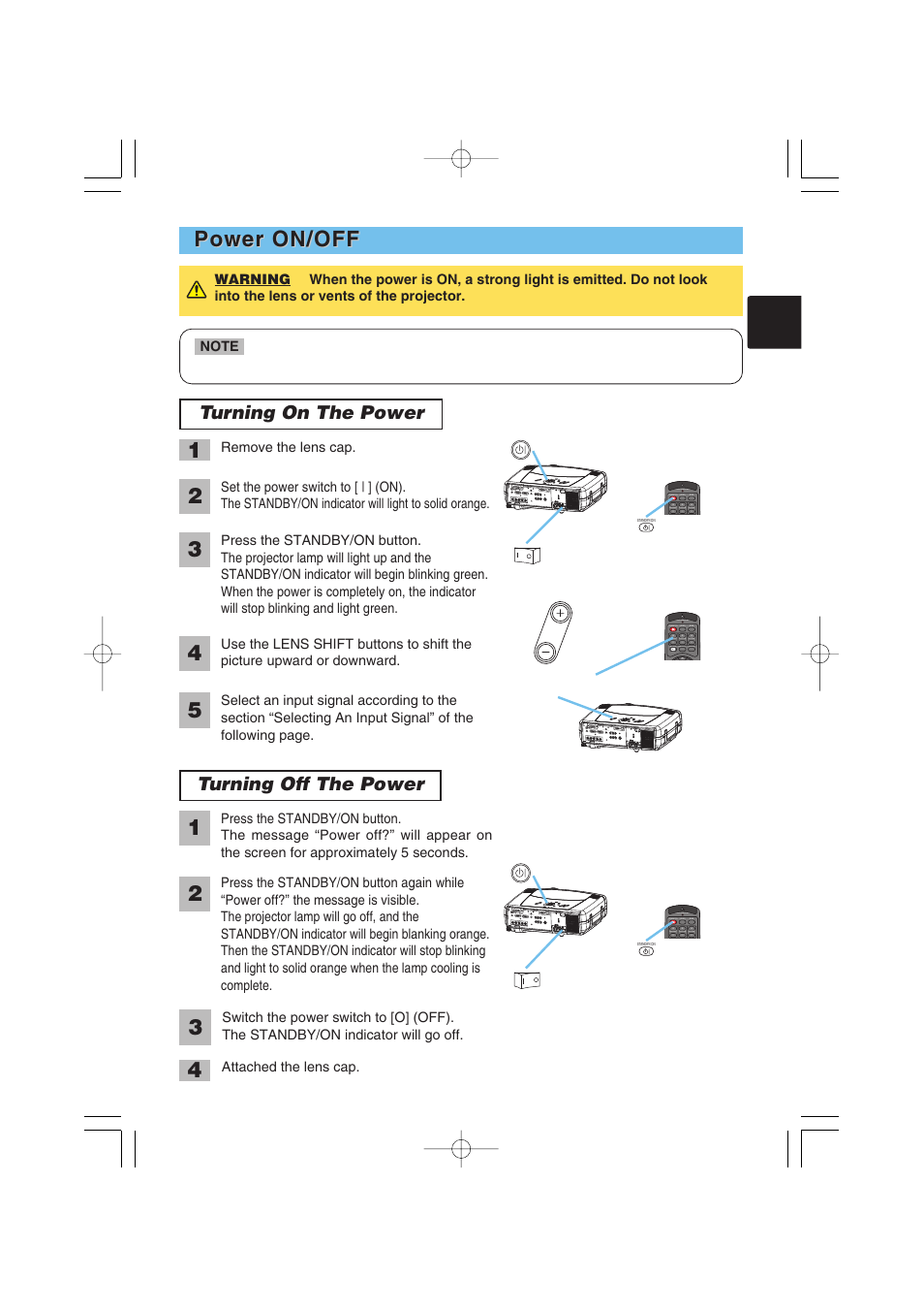 Power on/off, Turning on the power, Turning off the power | BOXLIGHT MP-57i User Manual | Page 16 / 48